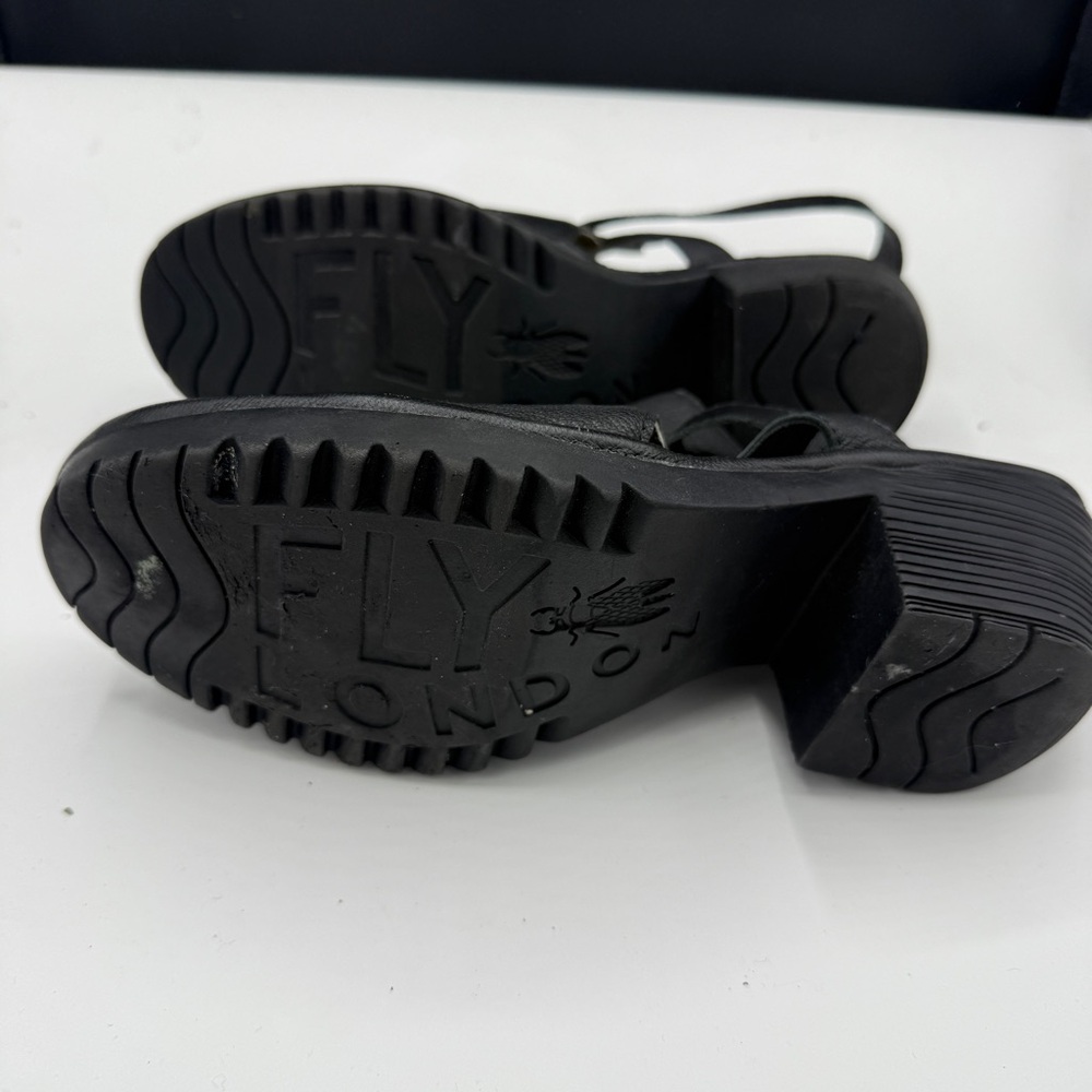 Fly London Black Leather Heeled Wena Sandals Buckle Strap - Picture 7 of 9